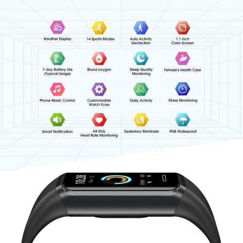 Black Activity Fitness Tracker with Heart Rate Monitor, Blood Oxygen, Sleep Monitor, Fitness Watch with Pedometer, IP68 Swimming Waterproof, Smart Watch with Step Tracker for Women Men