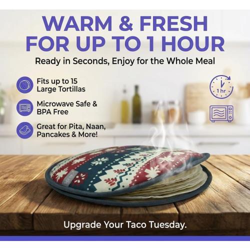 Sophix Tortilla Warmer Pouch - 12-Inch Large Size - This Thermal Insulated Fabric Holder Keeps Tortillas, Naan Bread, and Pizza Rolls Warm for up to One Hour (Christmas Design)