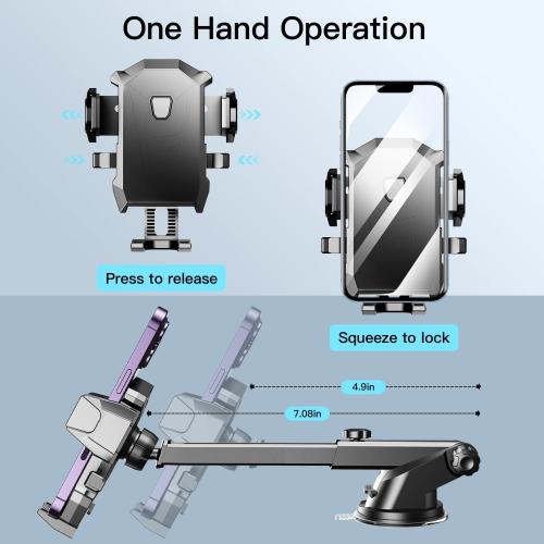 Car Phone Holder Mount Dashboard & Windshield Hands Free, Cell Phone Holder with Super Suction Cup and Long Arm Compatible with iPhone Samsung & Other Cellphone