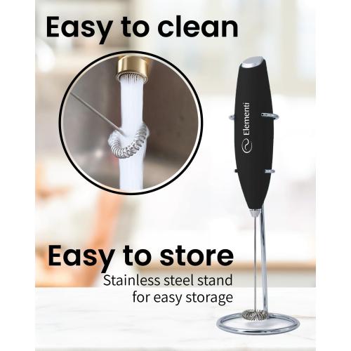 Milk Frother Wand & Electric Stirrer with Stand - Turbo Coffee & Milk Frother Handheld - Hand Held Coffee Mixer Wand & Cold Foam Maker for Frothy Cappuccinos, Lattes & Drink Mixes at Home (Black)