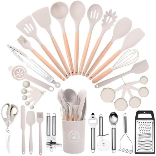 Kitchen Utensils Set-34 Pcs,Silicone Cooking Utensils Set for Nonstick Cookware,446℉Heat Resistance Silicone Spatulas Set, Wood Handle-Kitchen Gadgets Tools (Khaki)
