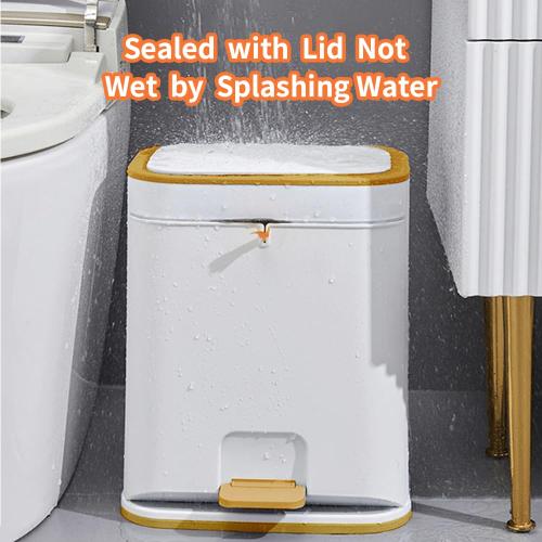 Size 3 gallon Color White and Gold Bathroom Trash Can with Lid, Plastic 3 Gallon Garbage can with Press top Lid Gold Step Pedal Trash can, Narrow White Trash bin for Bathroom, Bedroom, Restroom, Living Room, Office, Dog Proof Trash Can