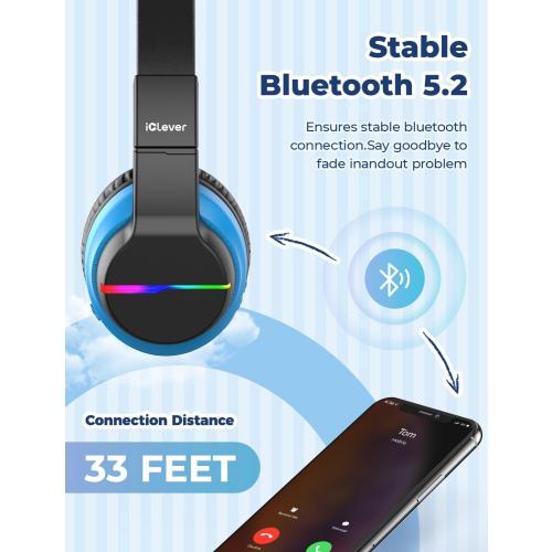 iClever BTH12 Kids Bluetooth Headphones,Colorful LED Lights,74/85dBA Safe Volume,85H Playtime,Bluetooth 5.2,Over Ear Wireless Headphone Built-in Mic for iPad/Tablet/Airplane, Deep Black