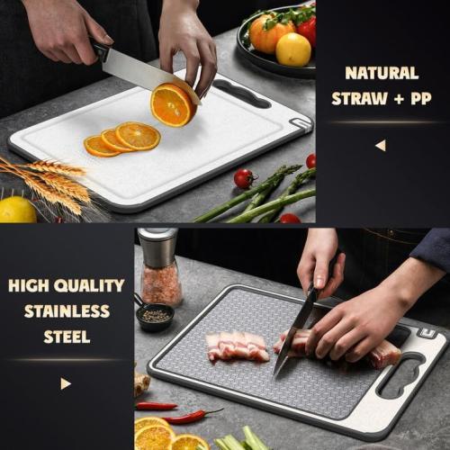 Size 15x10 Stainless Steel Cutting Board, Double Sided Chopping Board for Kitchen, Scratch-resistant Mesh Design, Non Toxic, Juice Groove, Dishwasher Safe, 304 Stainless Steel and Wheat Straw PP (15×10 In）