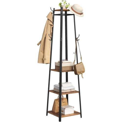 VASAGLE Coat Rack, Coat Stand with 3 Shelves, Hall Tree Free Standing with Hooks for Scarves, Bags, Umbrellas, Steel Frame, Industrial Style, for Entryway, Living Room, Rustic Brown and Black ULCR80X