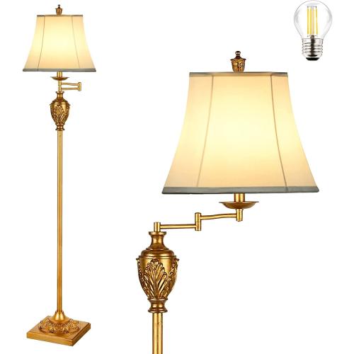 AIDENOEY Traditional LED Floor Lamp with 350° Adjustable – Vintage Pole lamp Swing arm for Living Room, Bedroom and Office – Rustic Upright Floor Light for Home Décor with Faux Silk Fabric Shade