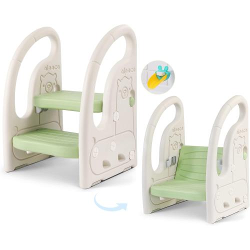 Onasti Toddler Step Stool for Bathroom Sink, Adjustable 2 Step Stop for Kids with Handles, Toilet Stool Potty Training, Plastic Ladder Toddler Helper Stool for Bedroom Kitchen Counter Green White