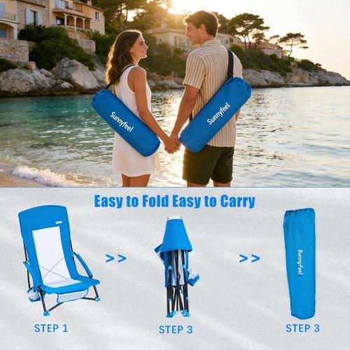 SUNNYFEEL Folding Beach Chair, High Back Beach Chairs for Adults, Lightweight Portable Camp Chair 300lbs Heavy Duty with Carry Bag, Cup Holder for Outdoor Travel Picnic Concert, 2 Pack, Blue