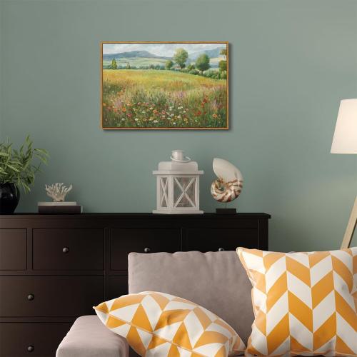 OIQArtOIQ Vintage Landscape Framed Wall Art Spring Countryside Colorful Wildflower Field Canvas Art Prints Farmhouse Cottagecore Pictures Wall Decor Rustic Meadow Paintings Artwork For Kitchen Bedroom