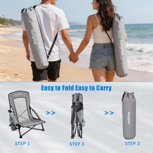 SUNNYFEEL Folding Low Camping Beach Chair 2 Pack, Lightweight Portable Lawn Chair with Mesh Back, Cup Holder for Outdoor/Travel/Picnic/Concert, Foldable Camp Backpack Chair with Carry Bag