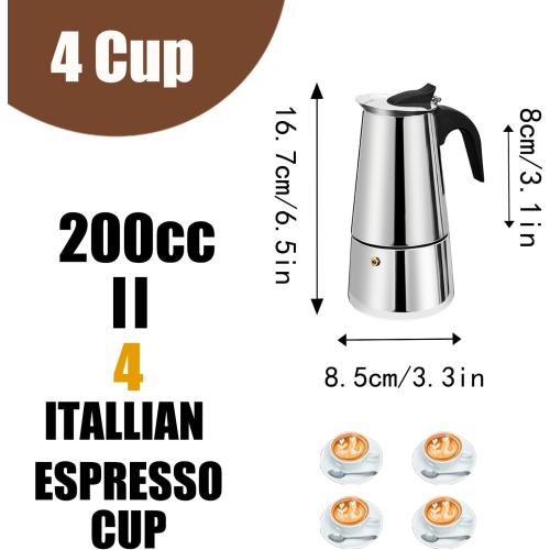 4 Cup Stovetop Espresso Maker Stainless Steel Moka Pot Stove Top Percolator Italian Coffee Makers Capable Mocha Greca Machine Cafe Classic Induction Cookers for Home and Camping 200ml 6.6oz