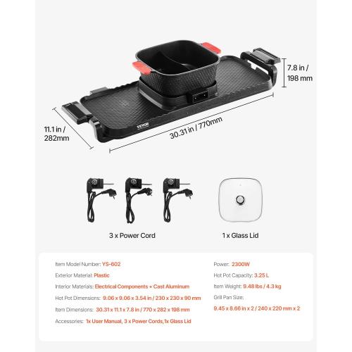 VEVOR Hot Pot with Grill, 2300W 2-in-1 Electric Smokeless Grill and Hot Pot, Removable Shabu-shabu Hotpot with Non-stick Pan, Separate Dual Temperature Control, Indoor Korean BBQ for 1-6 People