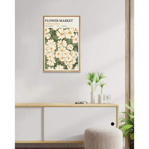 Zzuyi Framed Flower Market Wall Art,Green And White Floral Botanical Canvas Wall Decor Pictures,Floral Rusitc Pictures for Living Room Bedroom Dining Room 12x16in