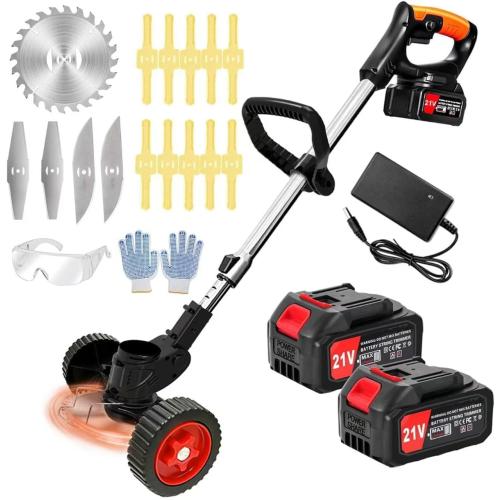 Black and Orange Electric Weed Wacker 21V Electric Weed Cordless Eater with 2pcs Batteries and 3 Types Blades&Auxiliary Wheel Weed Trimmer Lightweight 3 in 1 Stringless Grass Trimmer Edger/Brush Cutter for Lawn