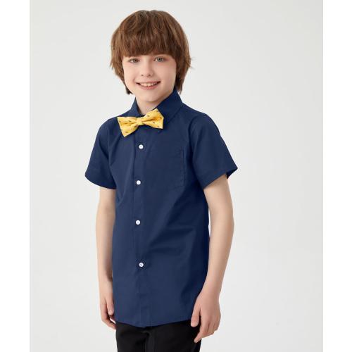 Size S....Boys Short Sleeve Dress Shirts Solid Poplin Soft Stretch Fabrics with Two Bow Tie Set