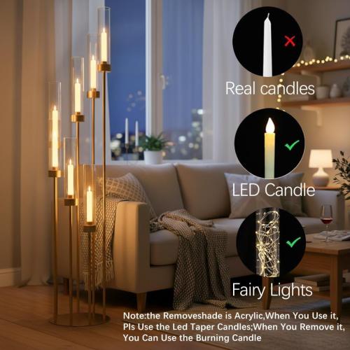 2Pcs Gold 7 Arm Candelabra Candle Stand for Wedding, Metal Candlestick Holder with Acrylic Lampshade for Theme Party Table Centerpieces Wedding Holiday Birthday Party (48Inch) Fit LED Taper Candles