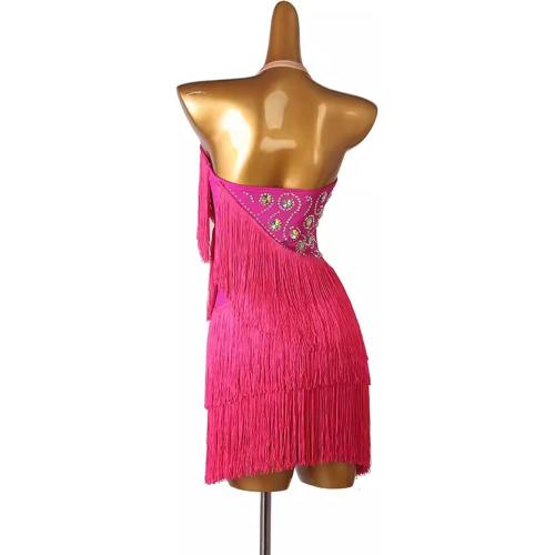 Sleeveless Latin Dance Dresses for Woman Salsa Dance Costumes with Rhinestones Professional Tango Competition Skirt  pink ? small