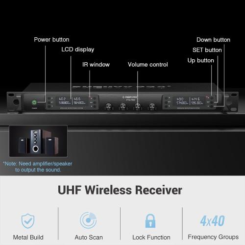 Phenyx Pro 4-Channel Wireless Microphone System w/Auto Scan, 4x40 UHF Frequencies, 2 Handheld Dynamic Mics, 2 Bodypacks & Headsets/Lapel Microphones for Singing, DJ, Church (PTU-7000-2H2B)