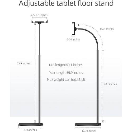 iPad Stand, Adjustable Tablet Floor Stand Metal Tablet Holder with Flexible Gooseneck, Compatible with iPad, Kindle, and Cell Phones (4.7''-13''), Ideal for Hands-Free Use