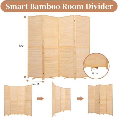 Room Divider Folding Privacy Screens,Hand-Made Natural Bamboo Room Dividers | Freestanding & 2-in-1 Function, Effortless Setup, 4 Panel Wall Divider(67''Hx70.8''W),Portable Room Partitions and Separators
