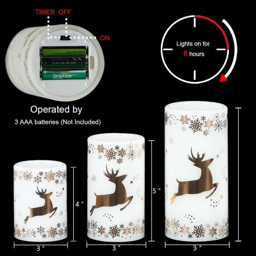 Golden Reindeer Christmas Candles with 6H Timer, Real Wax LED Candles Flameless Flickering, Battery Operated Candle Pillar for Home Décor Christmas Decorations Gifts, 3x4/5/6 inches