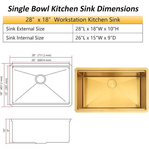 Gold Undermount Kitchen Sink, 16 Gauge T-304 Stainless Steel All In One Workstation Sinks With Full Set Accessories, 30 x 18 x 10 Large and Deep Handmade Single Bowl Kitchen Sinks