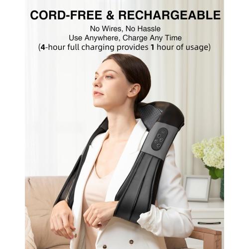 Nekteck Cordless Shiatsu Neck and Back Massager with Soothing Heat, Rechargeable Electric Deep Tissue 3D Kneading Massage Pillow for Shoulder Leg Body Muscle Pain Relief, 3 Speed Intensities