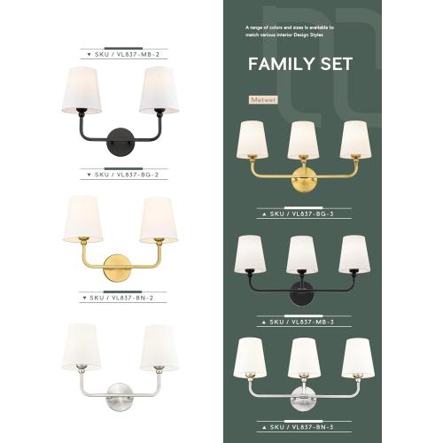 Bathroom Light Fixtures, Brushed Nickel Vanity Lights with Flared White Fabric Shade, 3 Light Wall Sconce, Modern Sconces Wall Lighting for Hallway Bedroom, VL837-BN-3