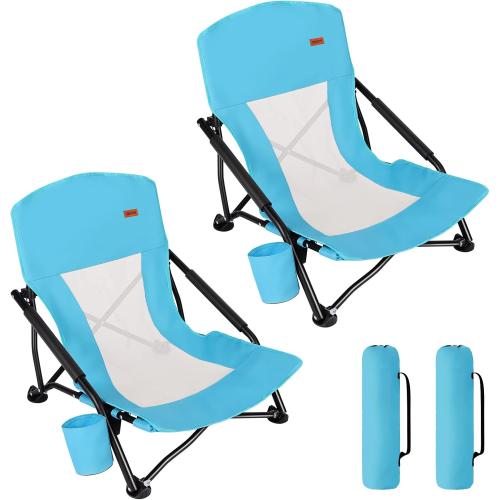 TOBTOS Low Beach Chair for Adults 2 Pack, Low Profile Folding with Cup Holder & Carry Bag, Heavy Duty Chair for Outdoor Sand, Camping, Concert, Travel