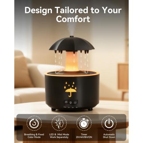 3-in-1 Rain Drop Humidifier & Essential Oil Diffuser with 360 Ratation Waterfall/Whisper Rain Sound/Cool Mist/ 7 Mood Lights, Umbrella Design Humidifiers for Bedroom Home Living Room (Black)