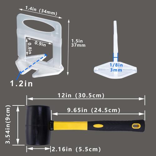 Tile Leveling System 1/8 Spacers Tile Leveler Clips 8500 Pcs and 16 oz Rubber Mallet Hammer .Tile Tools Set for Professional Ceramic and Stone Installation
