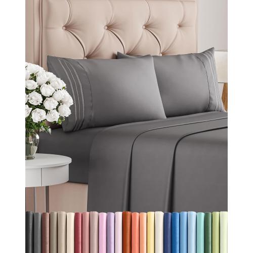 Queen Size 4 Piece Sheet Set - Breathable & Cooling Sheets - Dark Grey