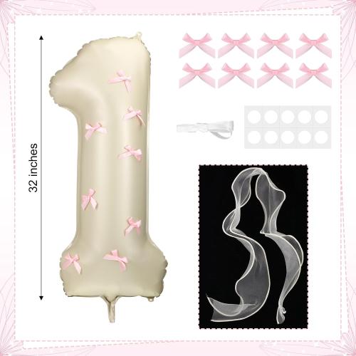 Number 1 Pink Bow 1st Birthday Balloon, 32 Inch Giant Aluminum Foil Number 1 Cream White Balloon Coquette Party Decoration for Christmas Girl Boy Birthday Baby Shower Anniversary Party Gifts