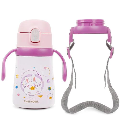 Kids Insulated Drink Bottles with Straw Girls Water Bottle 316 Stainless Steel Thermos Cup Handle & Strap Replaceable Kids Kindergarten 12Oz Hot/Cold Bottle for Outdoor & School (Rabbit)