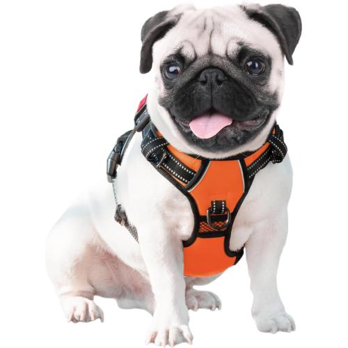 Size medium Color orange PHOEPET No Pull Dog Harness Medium Reflective Front Clip Vest with Handle,Adjustable 2 Metal Rings 3 Buckles,[Easy to Put on & Take Off](M, Orange)