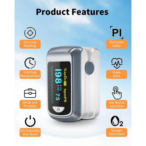 Fingertip Pulse Oximeter Blood Oxygen Saturation Monitor Pulse Ox, Heart Rate and Fast Spo2 Reading Oxygen Meter with OLED Screen Included Lanyard and 2 X AAA Batteries