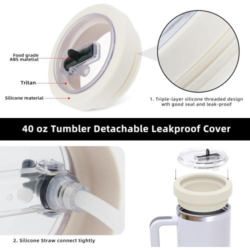 Tcamp 40 oz Flip Straw Leak Proof Lid for Stanley Quencher H2.0, Silicone Tumbler Replacement Lid for Stanley Cup Accessories, Spill Proof Straw Cover for Tumbler Accessories(Cream White)