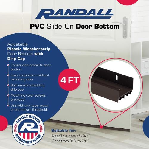 4 FT (48) PVC Slide-On Door Bottom | Adjustable Plastic Weatherstrip Door Bottom with Drip Cap | for 1 3/4” Doors | Brown | Fits Gaps 3/8” to 7/8” | Made in The USA