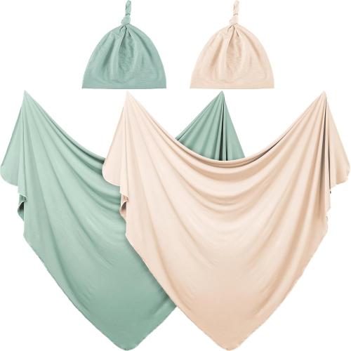 JaGely 2 Pcs Stretchy Baby Swaddle Blankets Set Extra Soft 47 x 47 Baby Newborn Swaddle Blanket and Hat(Green, Apricot)