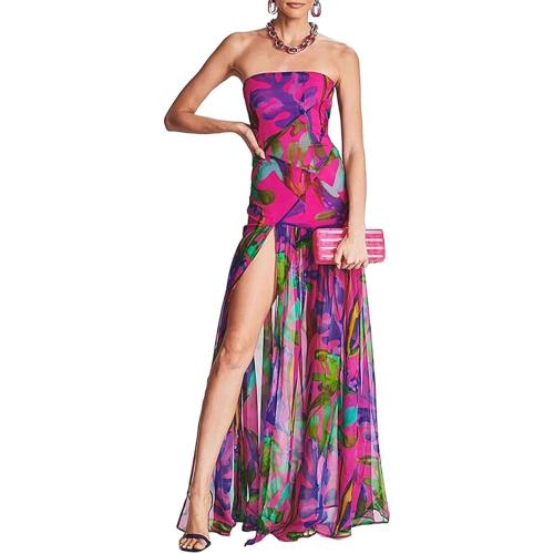 Size S Women Tube Top Dress Tiger Stripe Mesh Patchwork Maxi Dress Strapless Sexy High Slit Long Dresses Party Clubwear