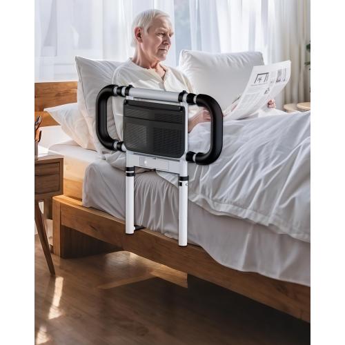 Color White Bed Rails for Elderly Adults Safety: Elderly Assistance Products with Adjustable Double Grips, Storage Pocket, Motion Sensor Light, Items for Elderly Bed Rail, Can Withstand 300lb(White)