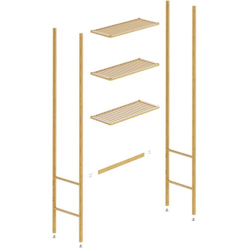 3 Tier Over The Toilet Organizer Rack Bamboo, Freestanding Bathroom Toilet Storage Shelf, Space Saving and Easy to Install, Adjustable Feet, Adjustable Bottom Rod