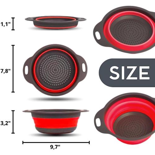 Round Collapsible Colander with Plastic Handles Round Silicone Kitchen Strainers Foldable Kitchen Strainer Perfect for Draining Pasta Vegetable and Fruit Red 2pk