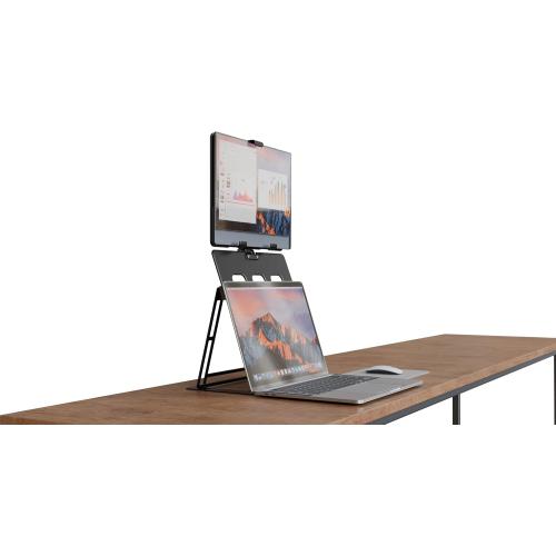 HNL Portable Monitor Stand, iPad & Tablet Holder, clamp Retention, Foldable, mountable Small Desk, Supports 7.75 inch to 10.75 inch Screen Width, Travel with Laptop, Black