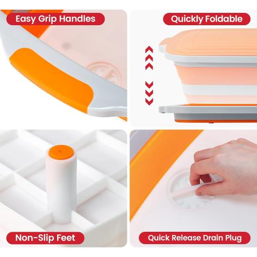 BBQ Prep Tub 3-IN-1 Large 30L Collapsible Cutting Board with Lid for Grill Meal Prep Marinating Food, Camping Sink with Colander, Dish Basin, Storage Blanket for Camping Picnic BBQ Grilling, Orange