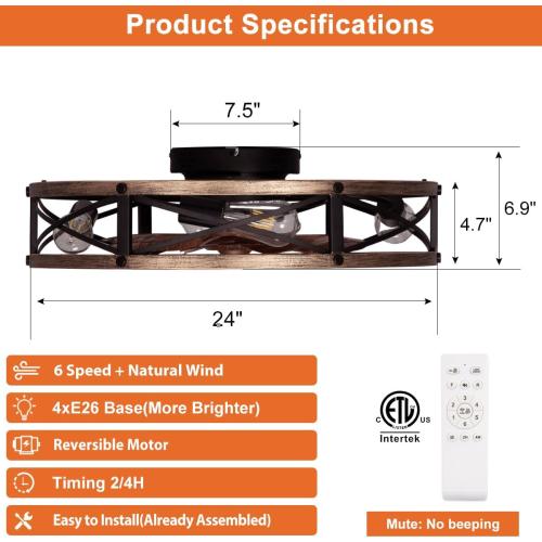 24 Farmhouse Flush Mount Ceiling Fans with Lights, Caged Low Profile Enclosed Ceiling Fans with Lights and Remote, Rustic Large Bladeless Ceiling Fan with Light for Bedroom, Kitchen - ETL
