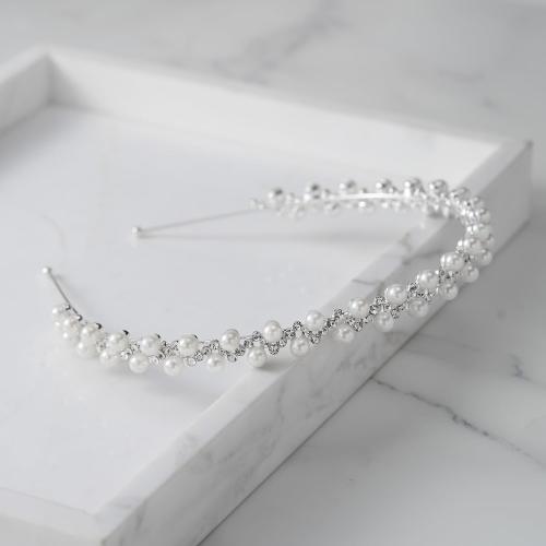 SWEETV Pearl Bridal Headband Handmade Wedding Headbands for Women Silver Rhinestone Hair Band Bridal Headpieces for Wedding Hair Jewelry Accessories