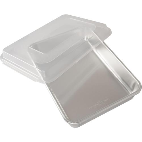 Nordic Ware Natural Aluminum Commercial Cake Pan with Lid, Rectangle Pan with Lid Silver, 9 x 13        6 Enameled Cast Iron Skillet Light Gray - Figmint™: Even-Heating, Oven-Safe, Hand Wash, Non-Induction Compatible Sage Green (item chipped)