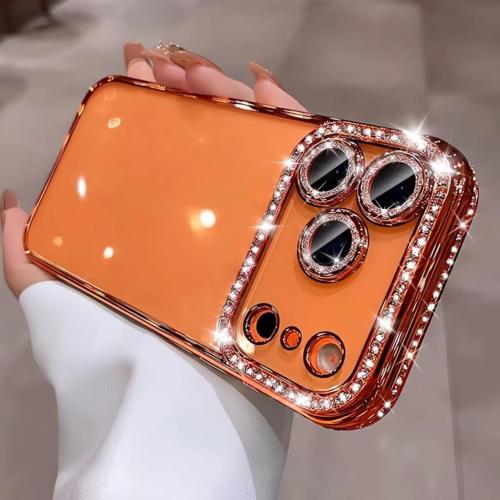 for iPhone 17 Pro Max Case Clear Glitter, Orange, Cute Luxury 3D Sparkly Bling Diamond Rhinestone Camera Lens Protector Soft Plating TPU Bumper Transparent Women Girls Phone Case for iPhone 17 Pro Max