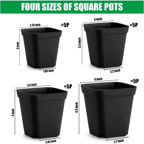 Square Nursery Pots (2.7, 3, 3.5, 4) with Drainage Holes 20 Pcs, Plastic Seed Starting Pots, Sturdy and Durable Seedling Pots for Planting, Cuttings and Transplanting, Black